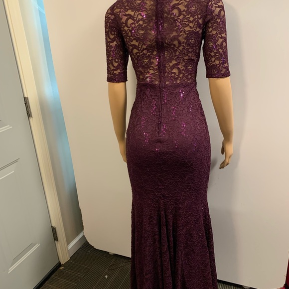 Women junior prom purple lace sequins bodycon mermaid maxi dress size (S) - Picture 9 of 14